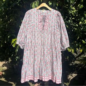 MAREA green pink‎ floral border print cotton puff sleeve tiered mini dress